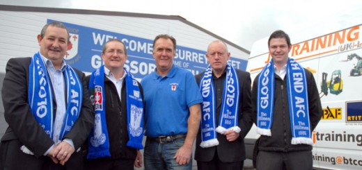 Directors from JJ Training Limited, John Naughton, Jerry Naughton, Paul Dearnaley and Martin Taylor with Glossop North End Chairman Dave Atkinson outside the club's Surrey Street home
