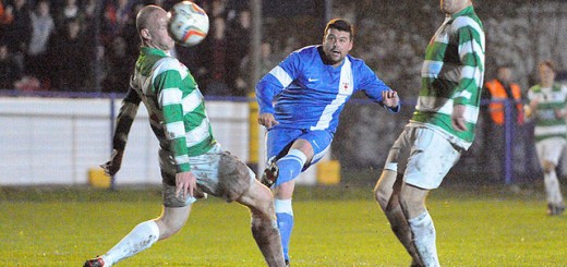 Lee Donafee shots past two Gamesley defenders